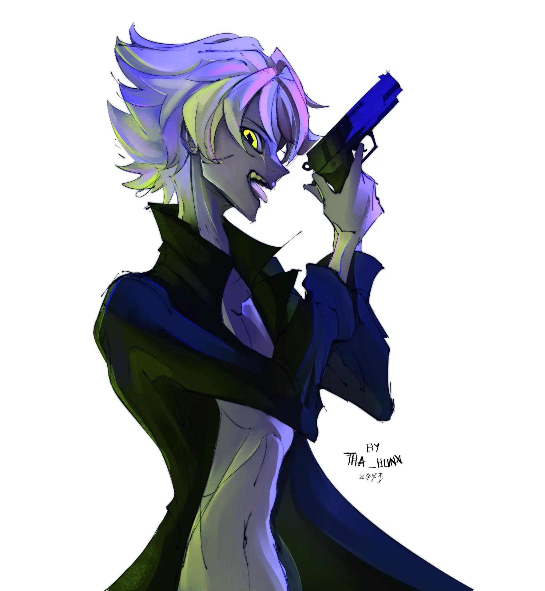 Leor holding a pistol, collaboration illustration by Tha-Bunx